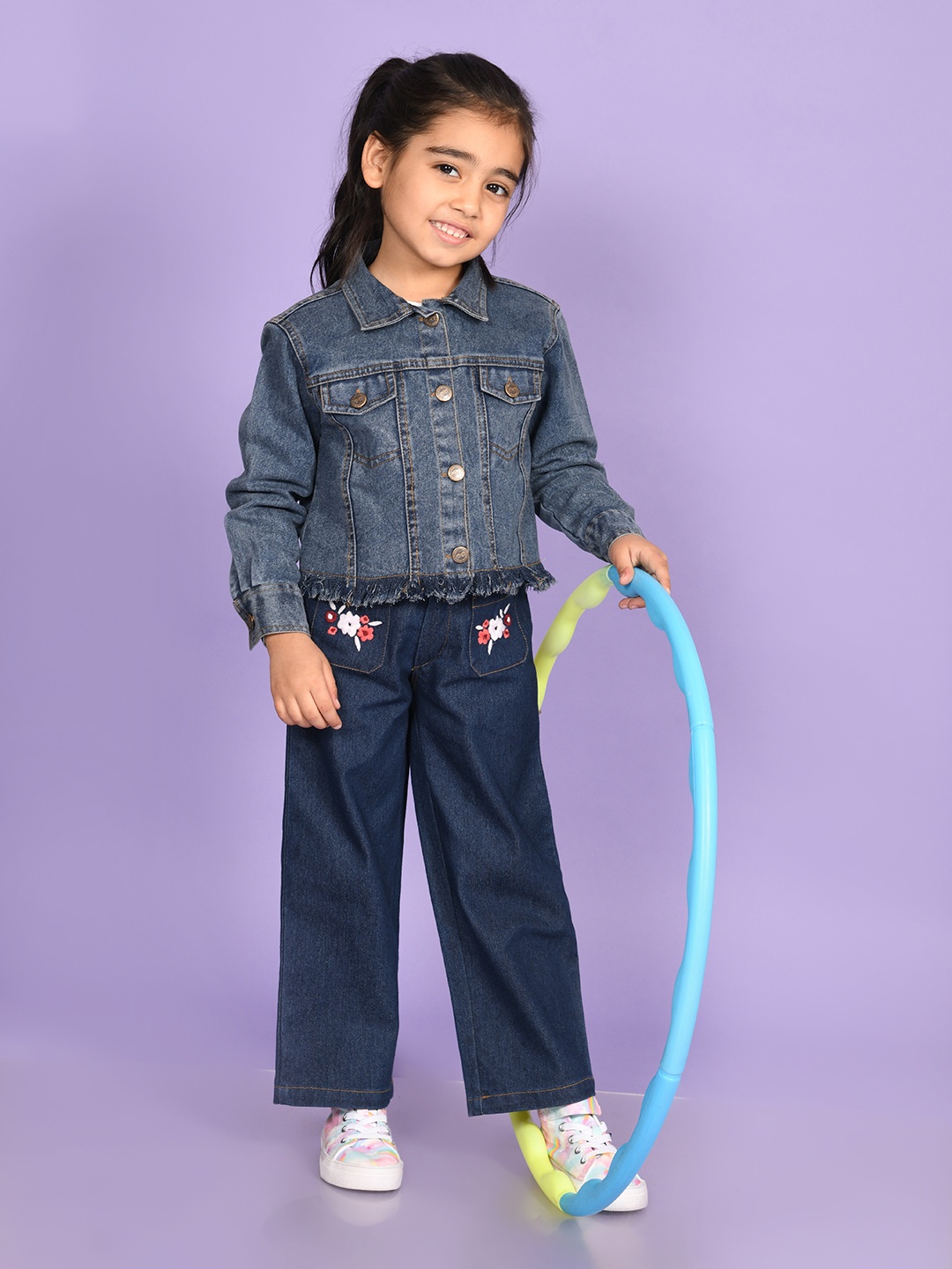 

Superminis Girls Spread Collar Washed Frayed Hem Denim Jacket, Blue