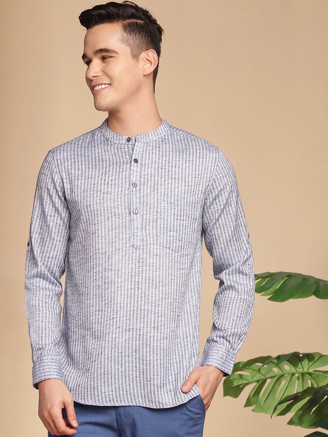 

Anouk Grey Striped Band Collar Straight Kurta