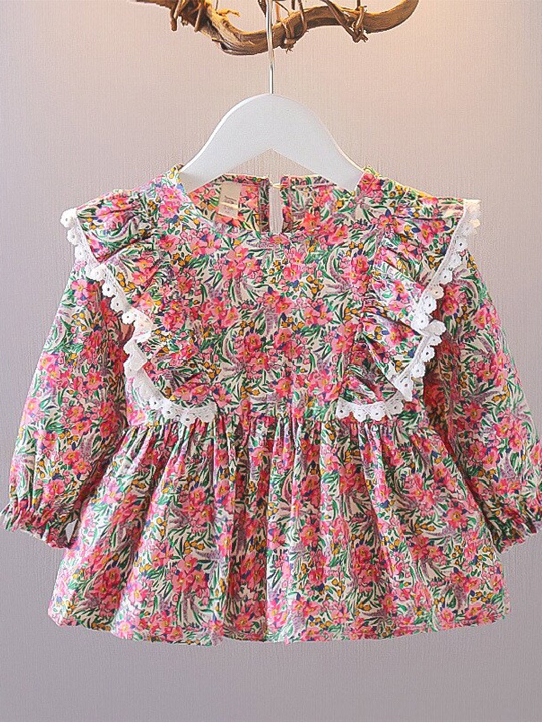 

INCLUD Girls Floral Printed Puff Sleeves Cotton Peplum Top, Beige
