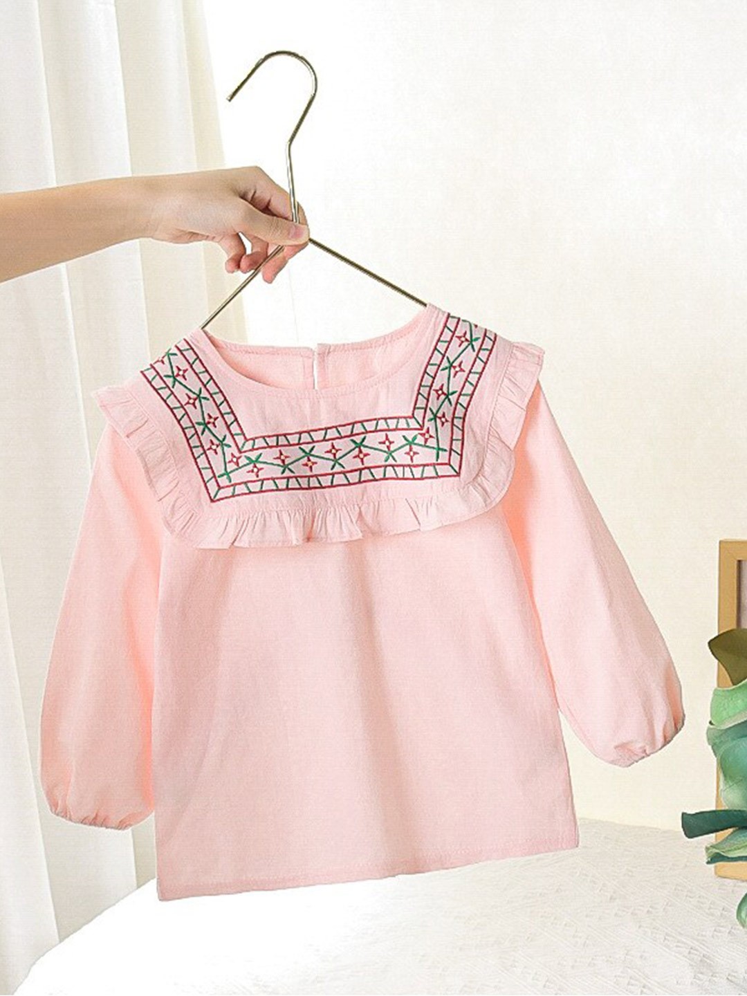 

INCLUD Girls Floral Embroidered Puff Sleeves Cotton Top, Pink