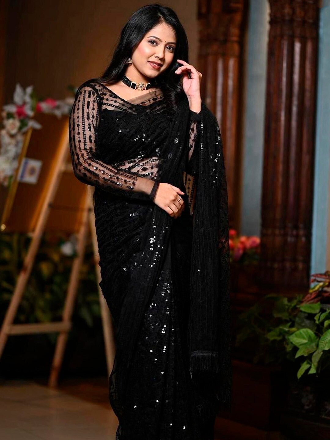 

Anouk Embellished Sequinned Net Saree, Black