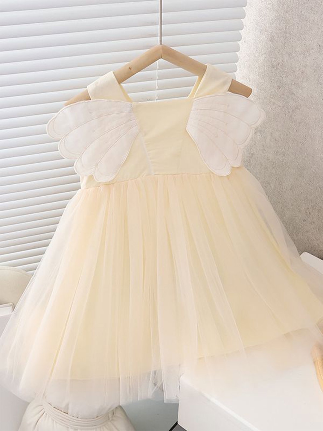 

INCLUD Girls Net Cotton Square Neck Sleeveless Opaque A-Line Dress, Beige