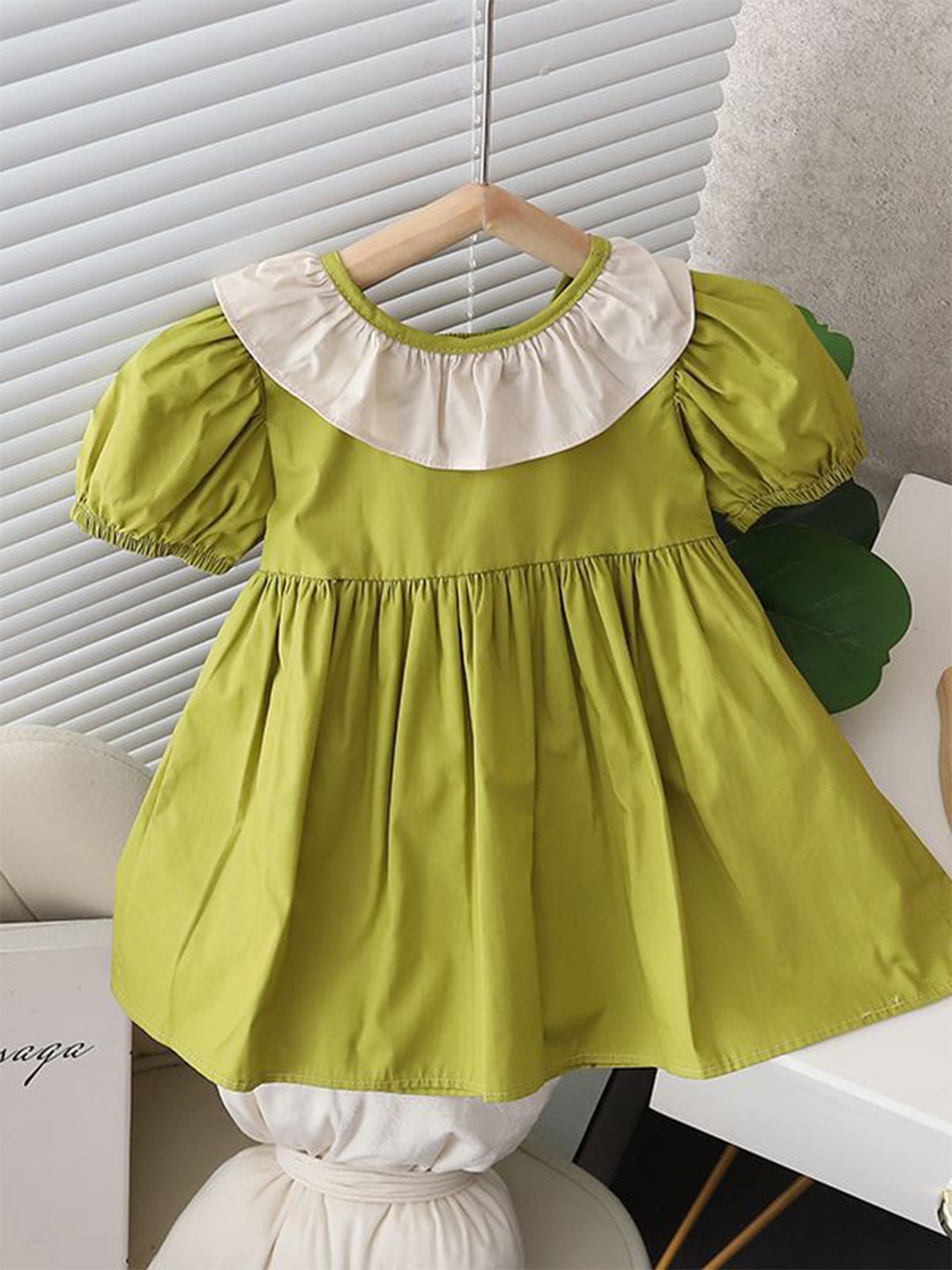

INCLUD Girls Puff Sleeves Bow Fit & Flare Dress, Green