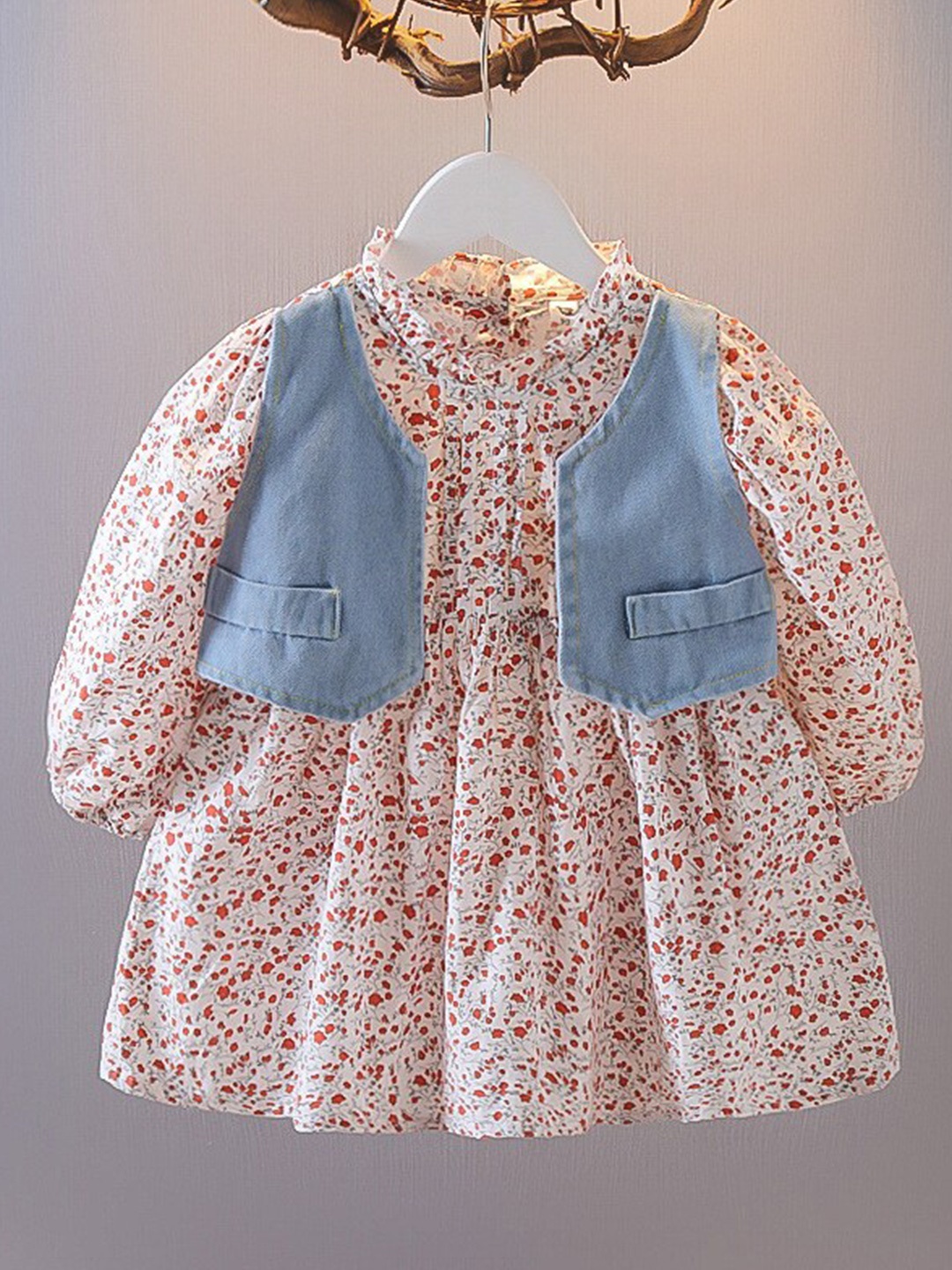 

INCLUD Girls Floral Printed Net Fit & Flare Dress with Denim Shrug, White
