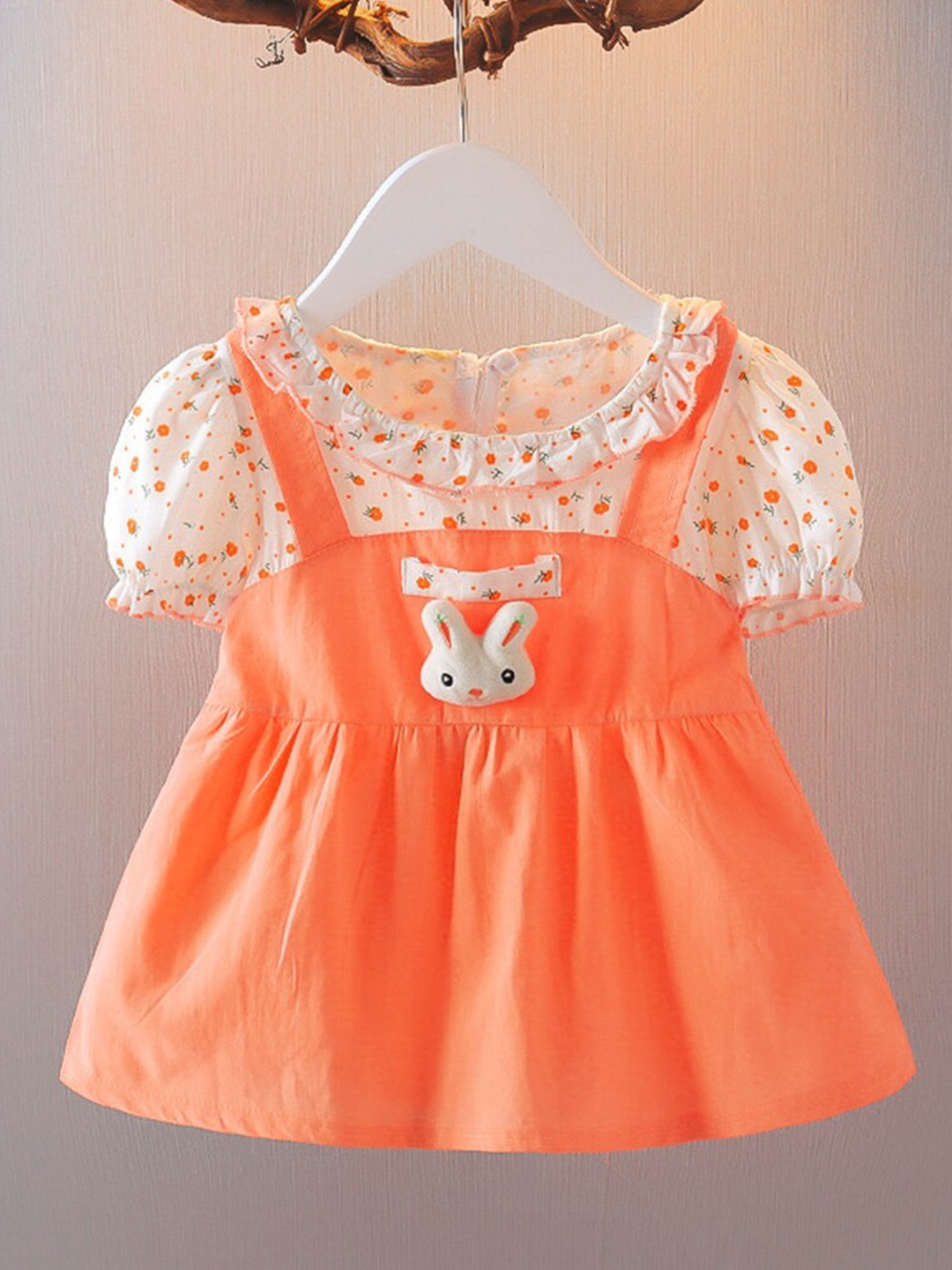 

INCLUD Girls Printed Round Neck Puff Sleeves Pinafore Dress, Orange