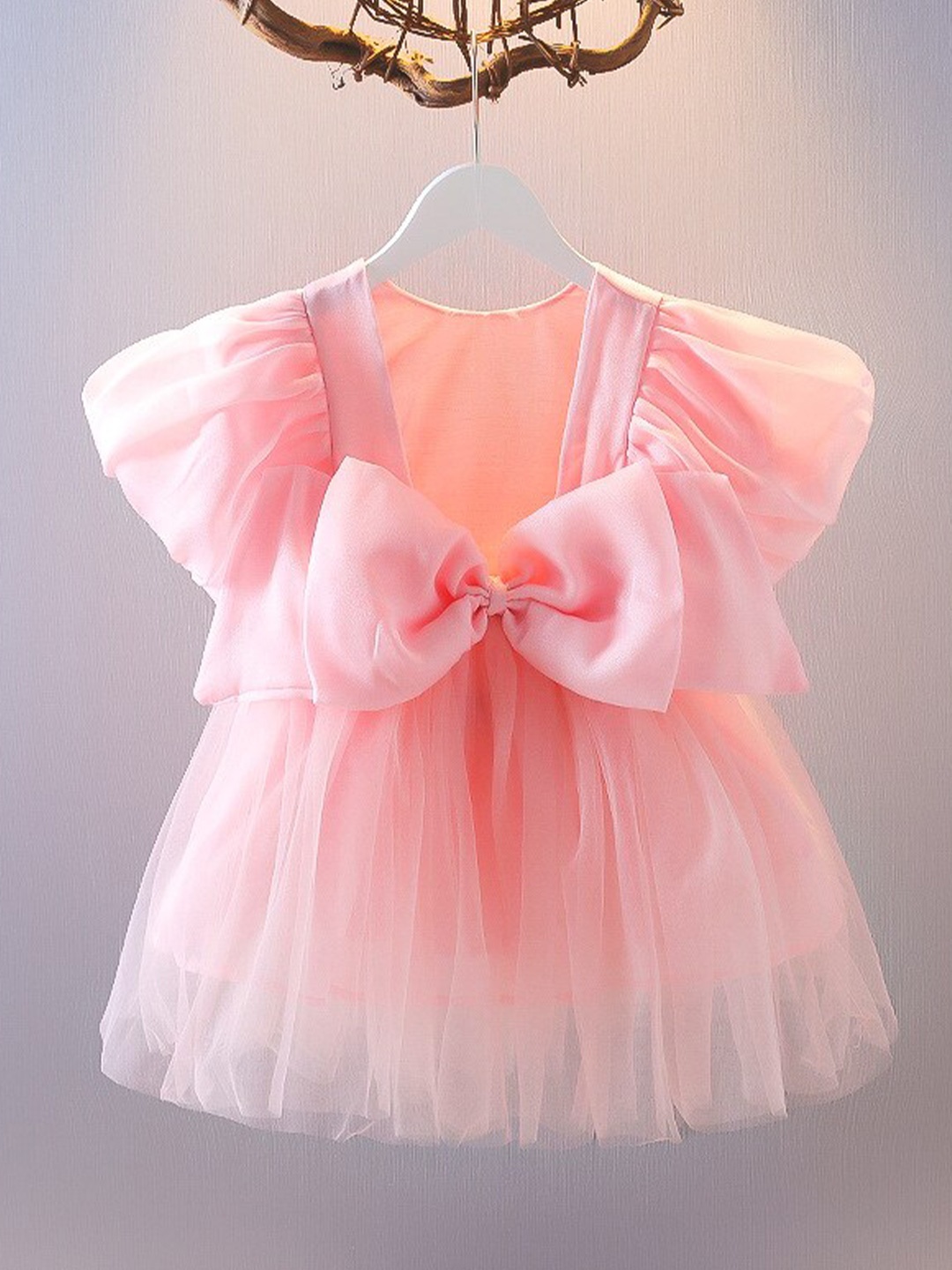 

INCLUD Girls Net Round Neck Flared Sleeves Fit & Flare Dress, Pink