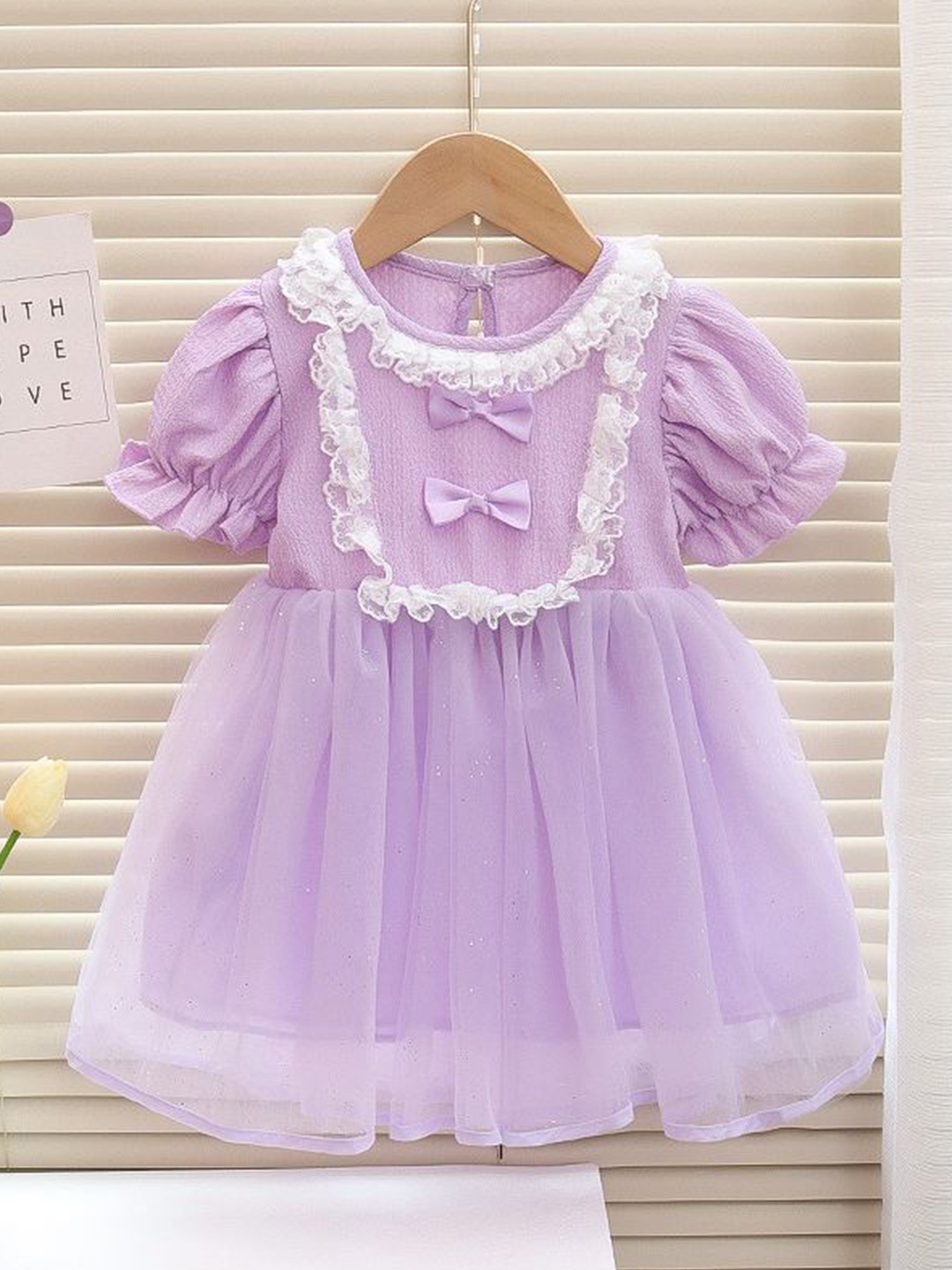 

INCLUD Girls Cotton Round Neck Puff Sleeve Net Fit & Flare Dress, Purple