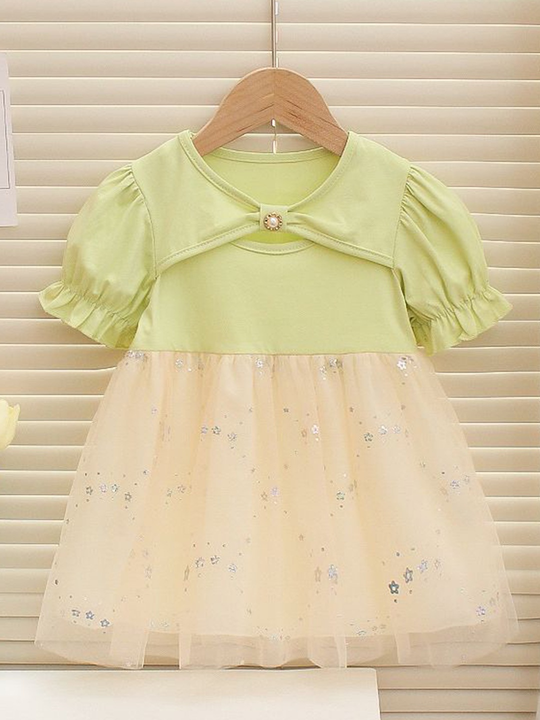

INCLUD Girls Embellished Puff Sleeves Net A-Line Dress, Green