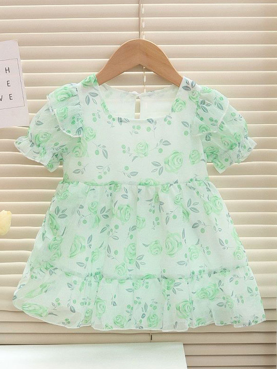 

INCLUD Girls Floral Print Puff Sleeves Net A-Line Dress, Green