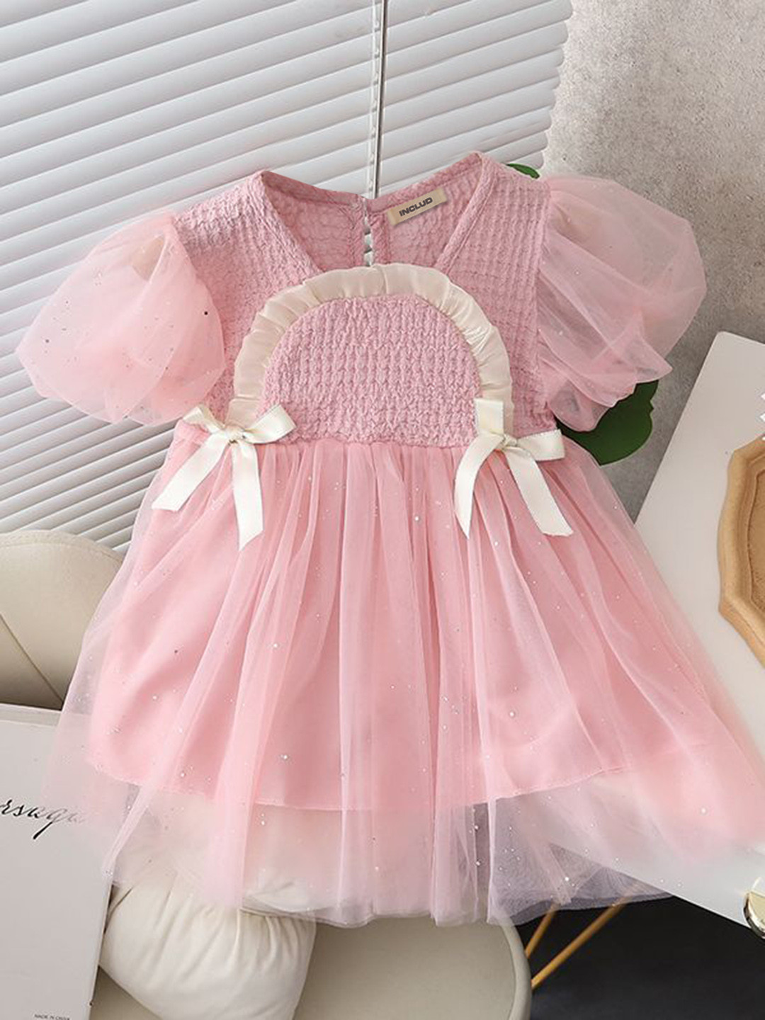 

INCLUD Net Fit & Flare Dress, Pink