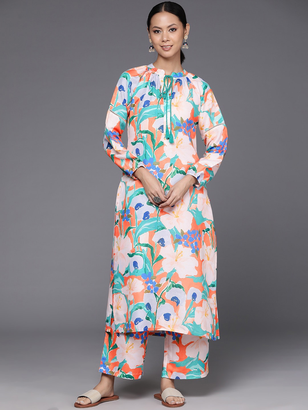 

Varanga Floral Printed Pure Cotton Straight Kurta With Palazzos, Orange