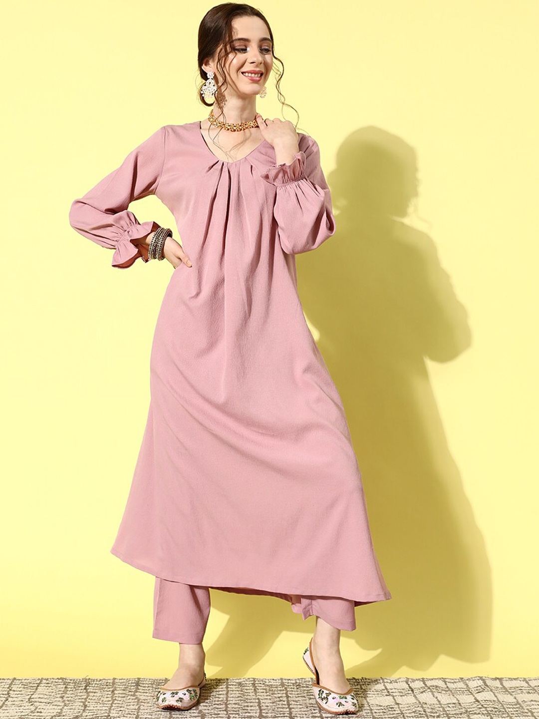 Varanga Round Neck Bell Sleeves A-Line Kurta with Trouser, Mauve