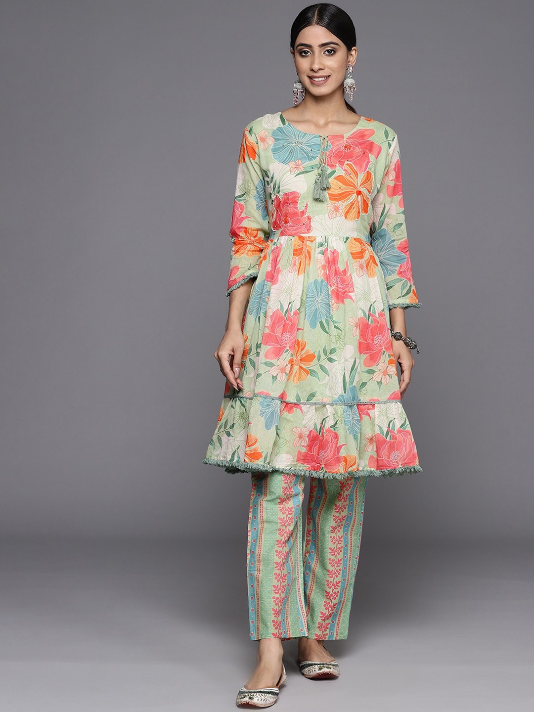 

Varanga Floral Printed Pure Cotton A-Line Kurta With Trousers Set, Sea green