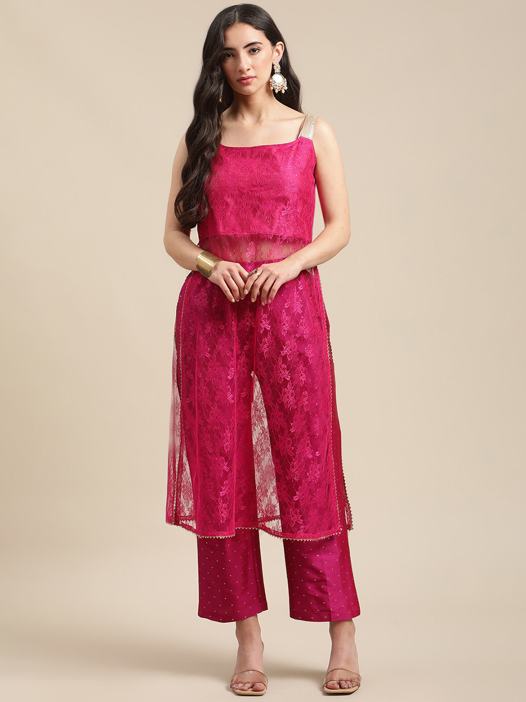 

Varanga Self Design Round Neck Shoulder Straps Straight Kurta with Trouser, Magenta