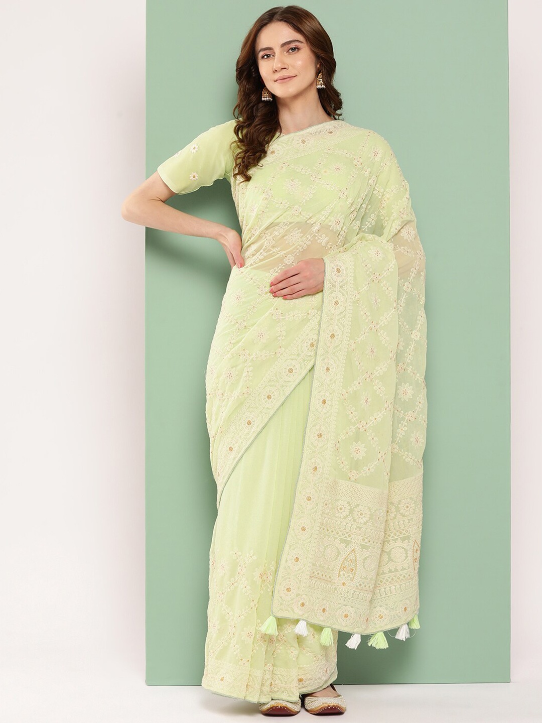 

KALINI Floral Chikankari Pure Georgette Saree, Green