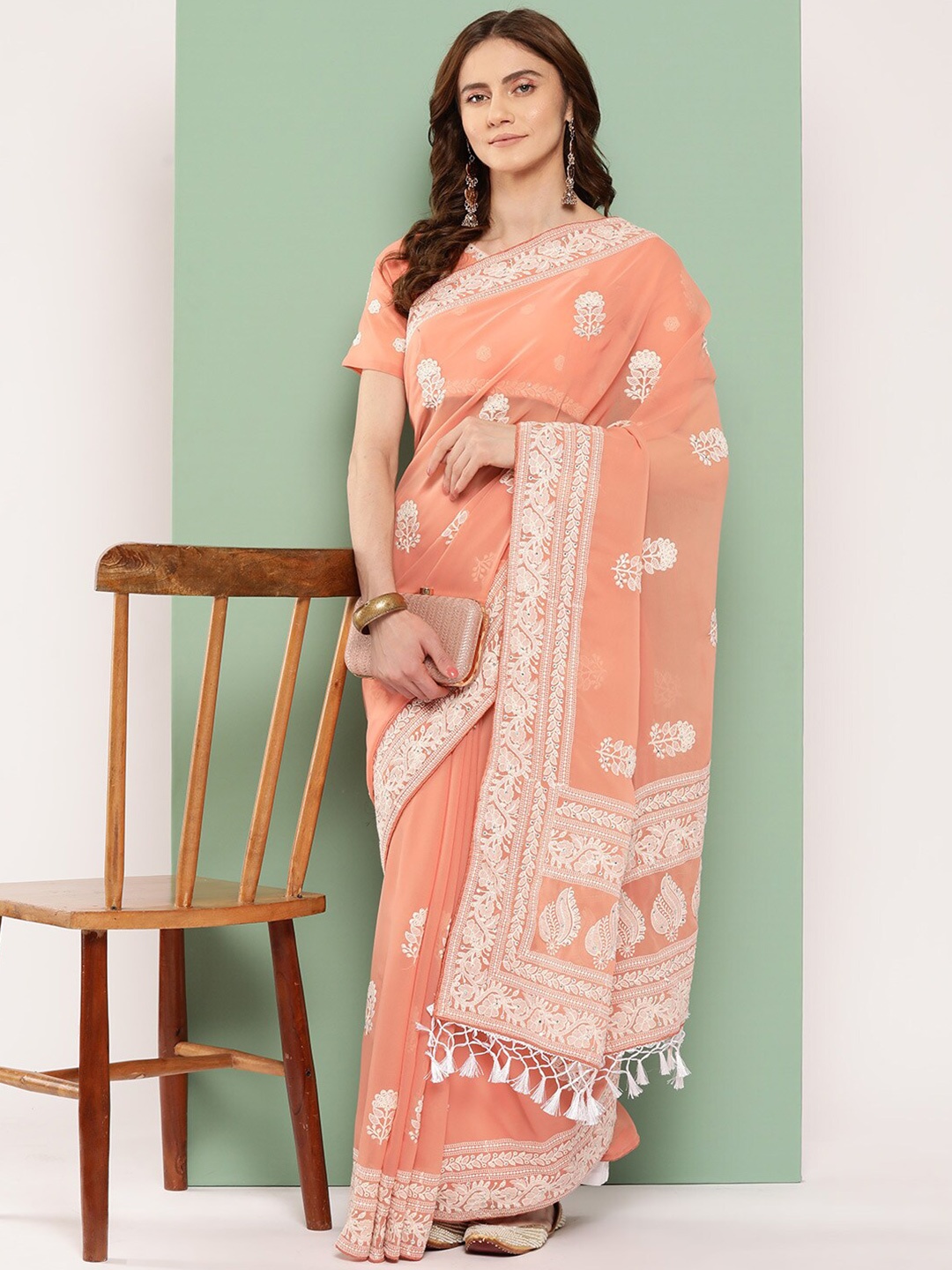 

KALINI Ethnic Motifs Chikankari Pure Georgette Saree, Peach