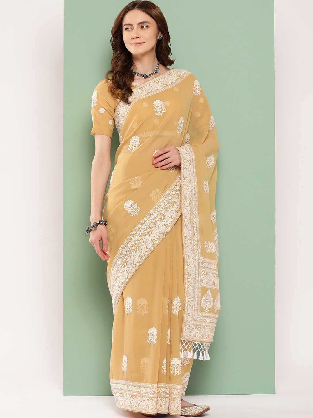 

KALINI Floral Chikankari Pure Georgette Saree, Mustard