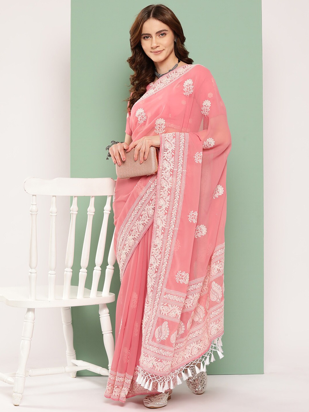 

KALINI Floral Chikankari Pure Georgette Saree, Pink