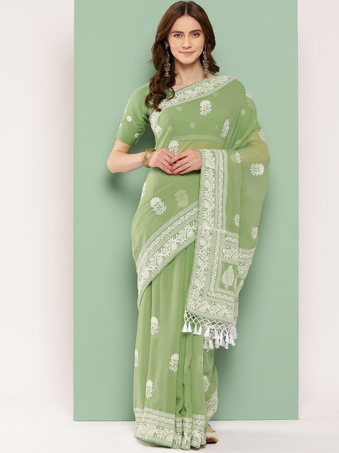 

KALINI Ethnic Motifs Chikankari Pure Georgette Saree, Green