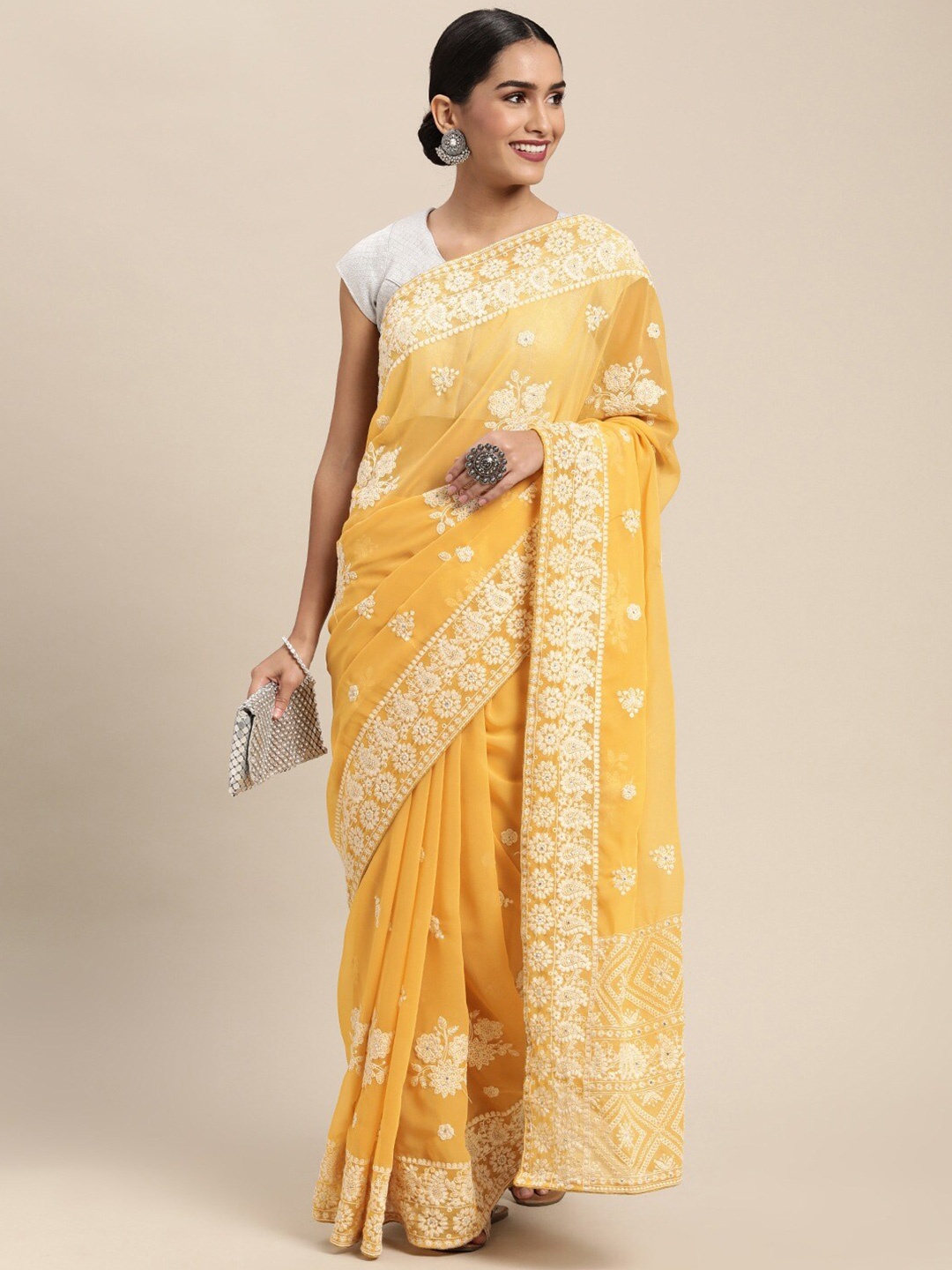 

KALINI Floral Chikankari Pure Georgette Saree, Mustard