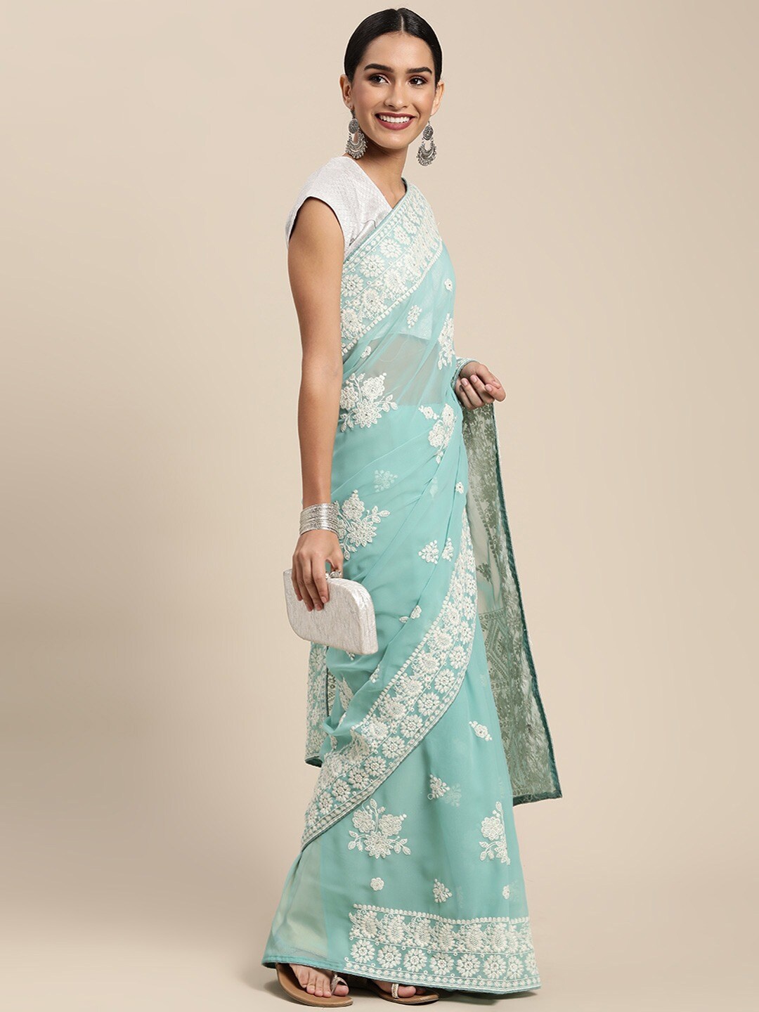

KALINI Floral Chikankari Pure Georgette Saree, Green