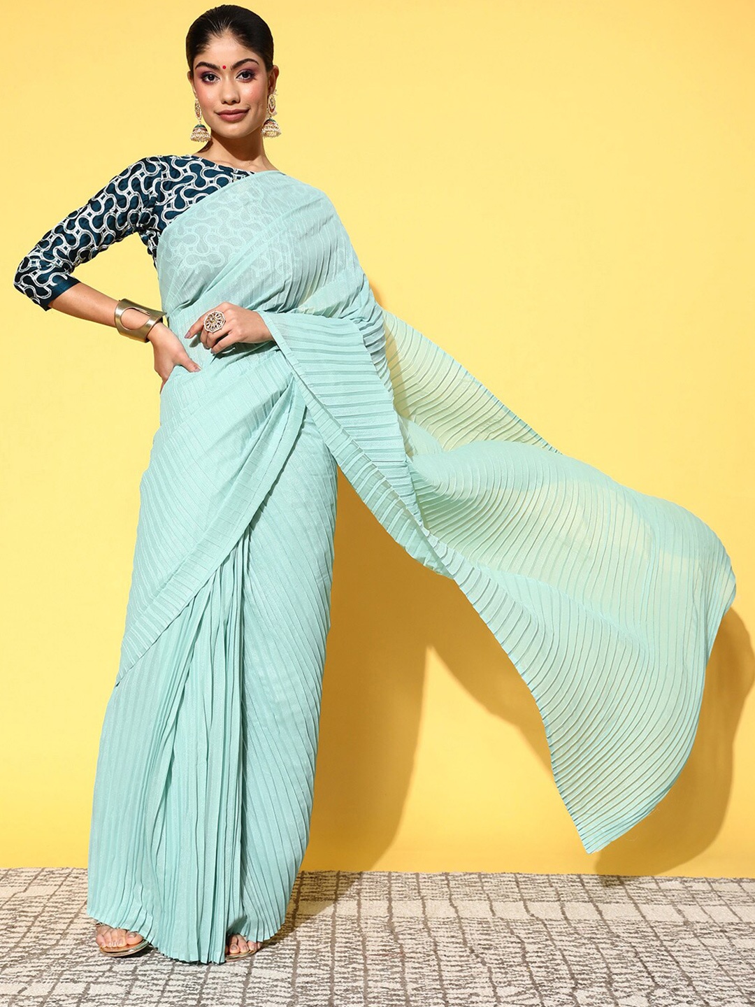 

KALINI Art Silk Pleated Saree, Turquoise blue