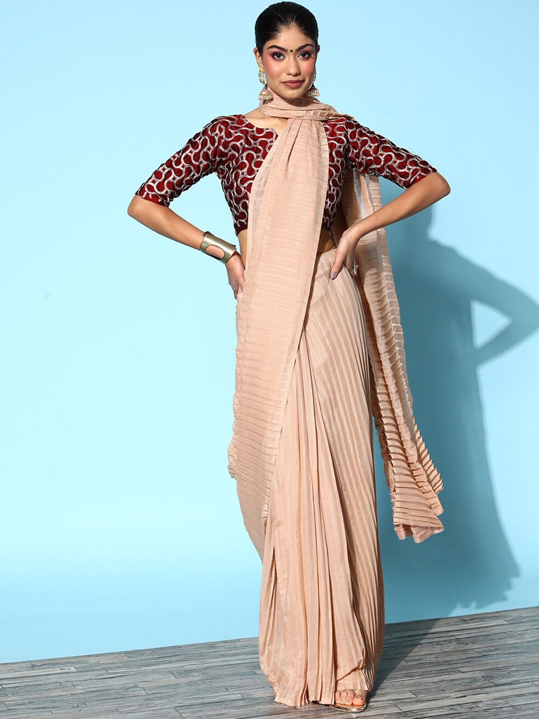 

KALINI Striped Art Silk Pleated Saree, Brown