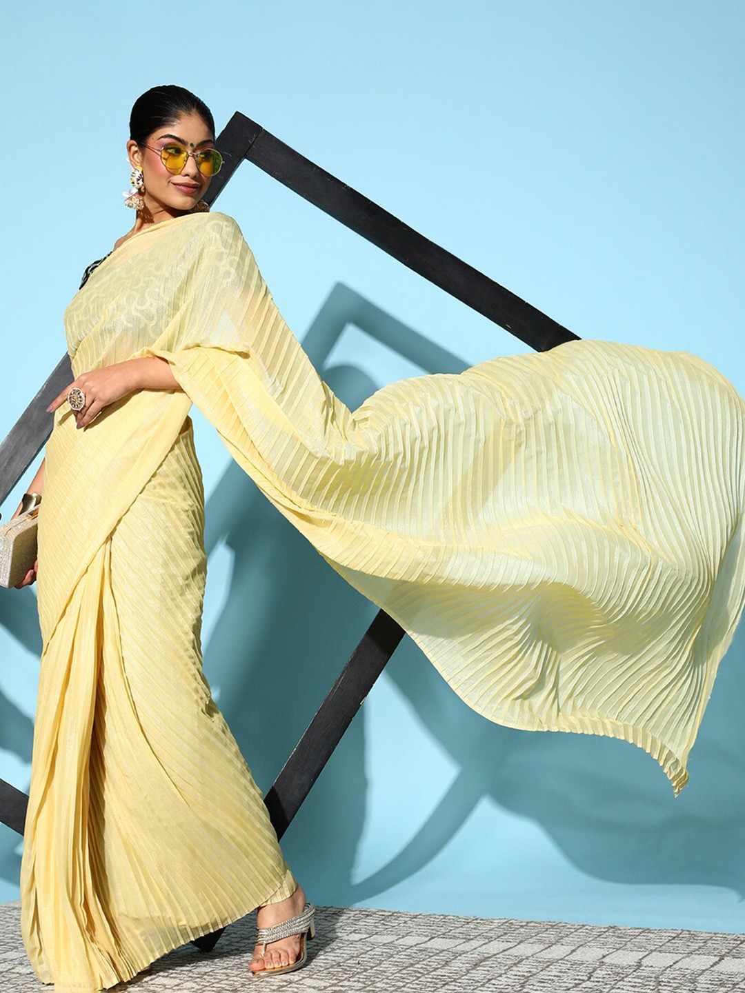 

KALINI Art Silk Pleated Saree, Yellow