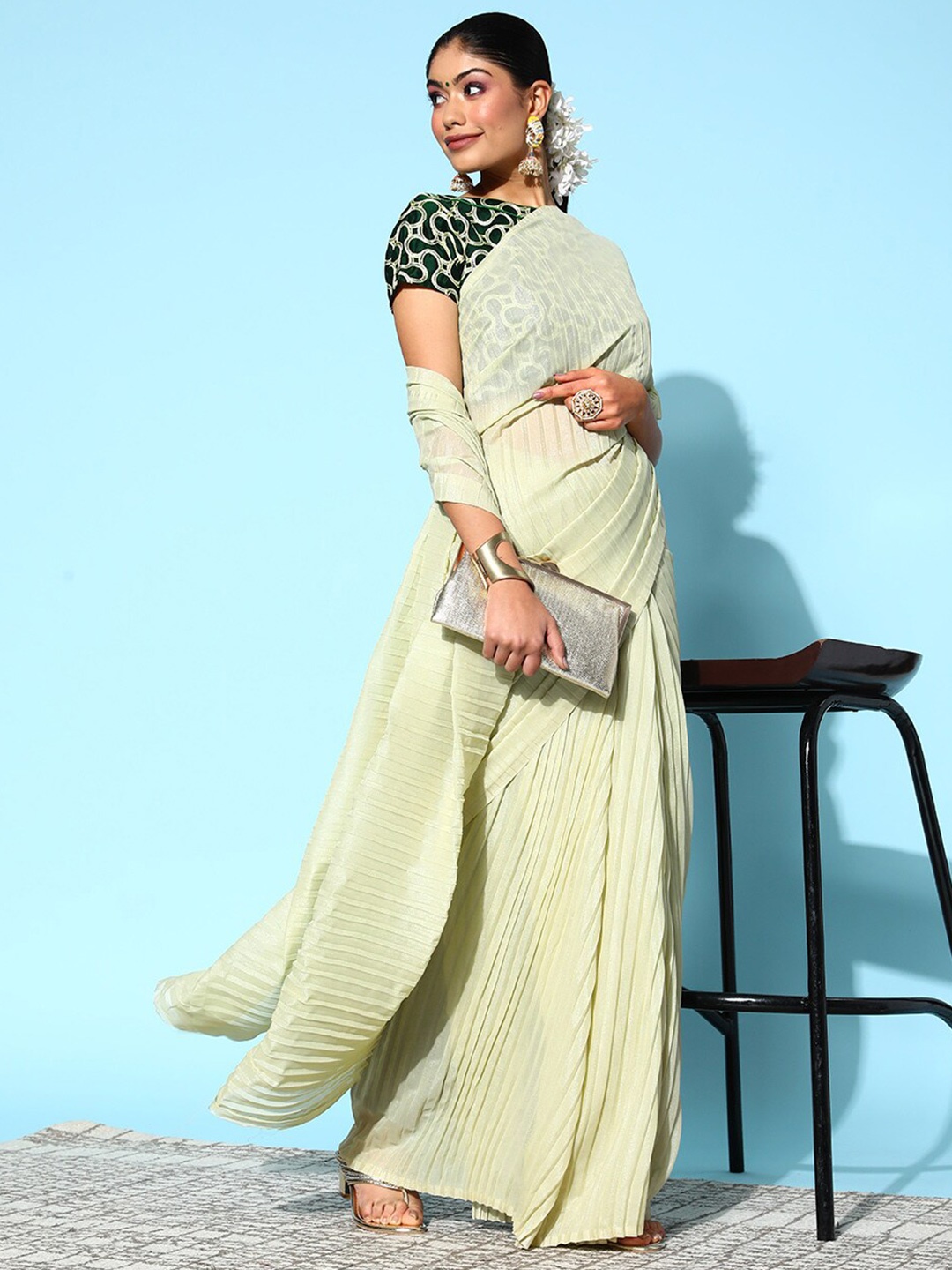 

KALINI Art Silk Pleated Saree, Green