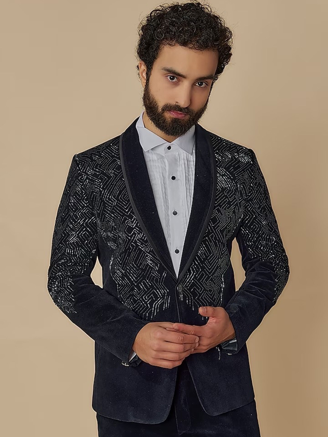 

sven suits Embellished Single-Breasted Velvet Blazer, Blue