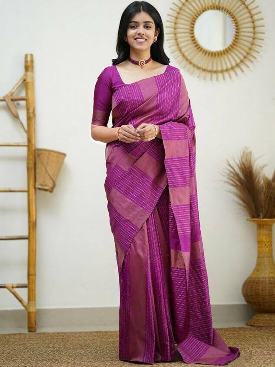 

BerMondsey Striped Woven Design Zari Banarasi Saree, Pink