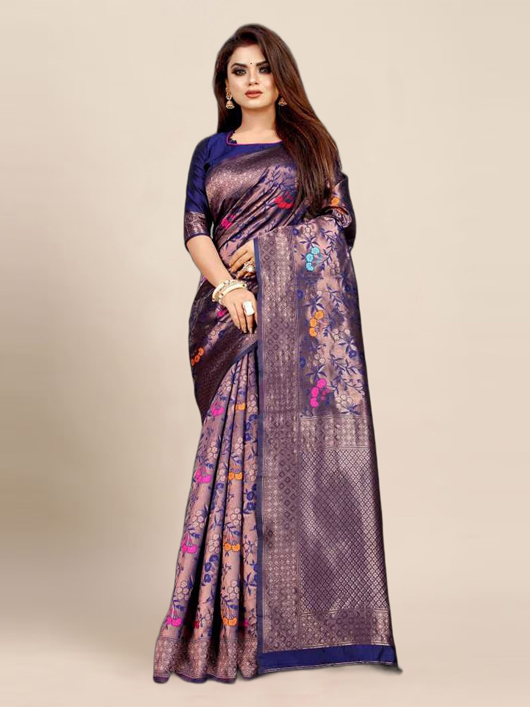 

BerMondsey Woven Design Zari Silk Blend Banarasi Saree, Blue