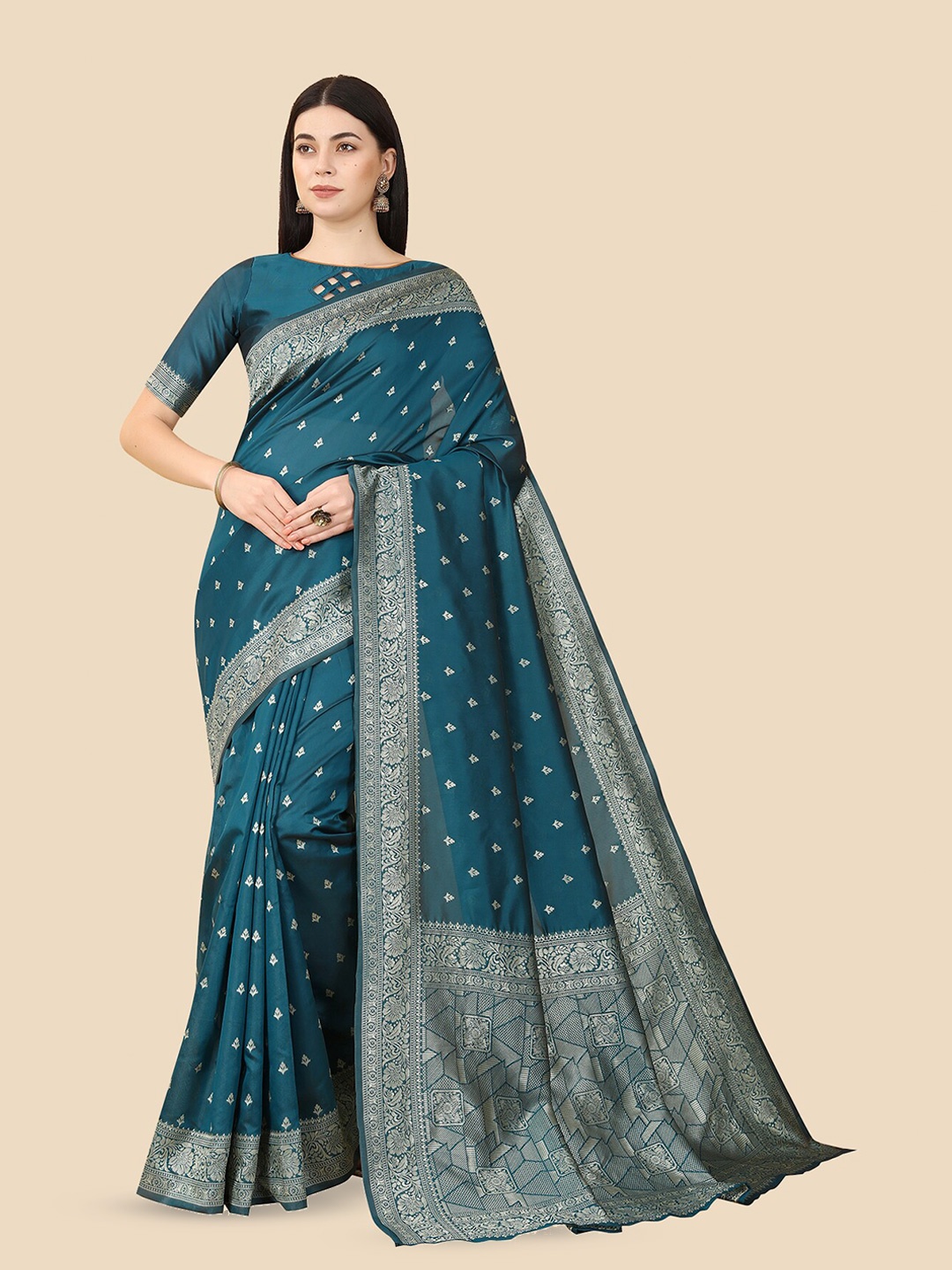 

BerMondsey Ethnic Motifs Woven Design Zari Banarasi Saree, Teal