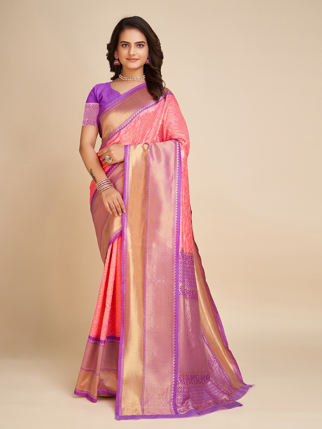 

BerMondsey Abstract Woven Design Zari Banarasi Saree, Pink