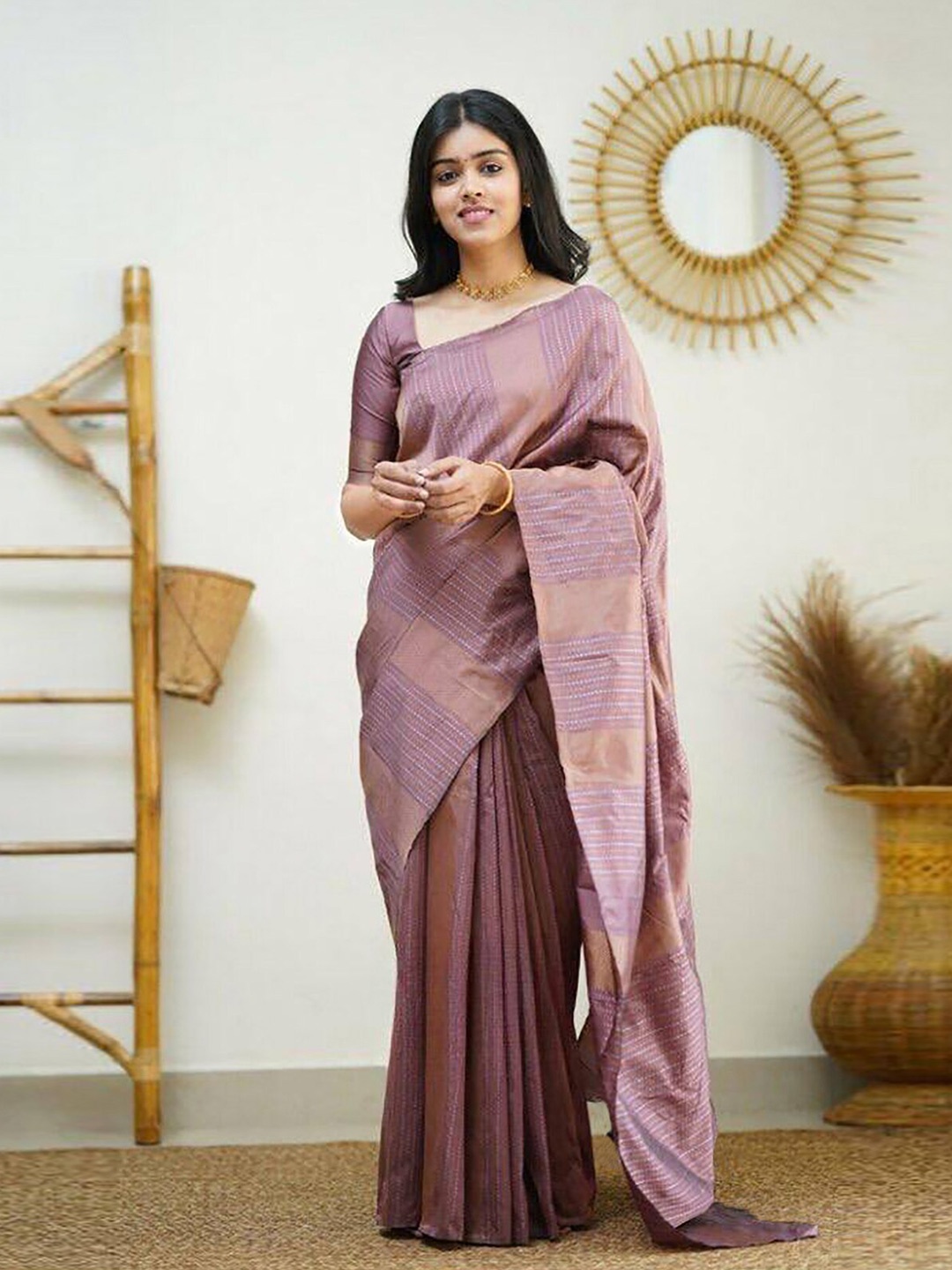 

BerMondsey Striped Woven Design Zari Banarasi Saree, Brown