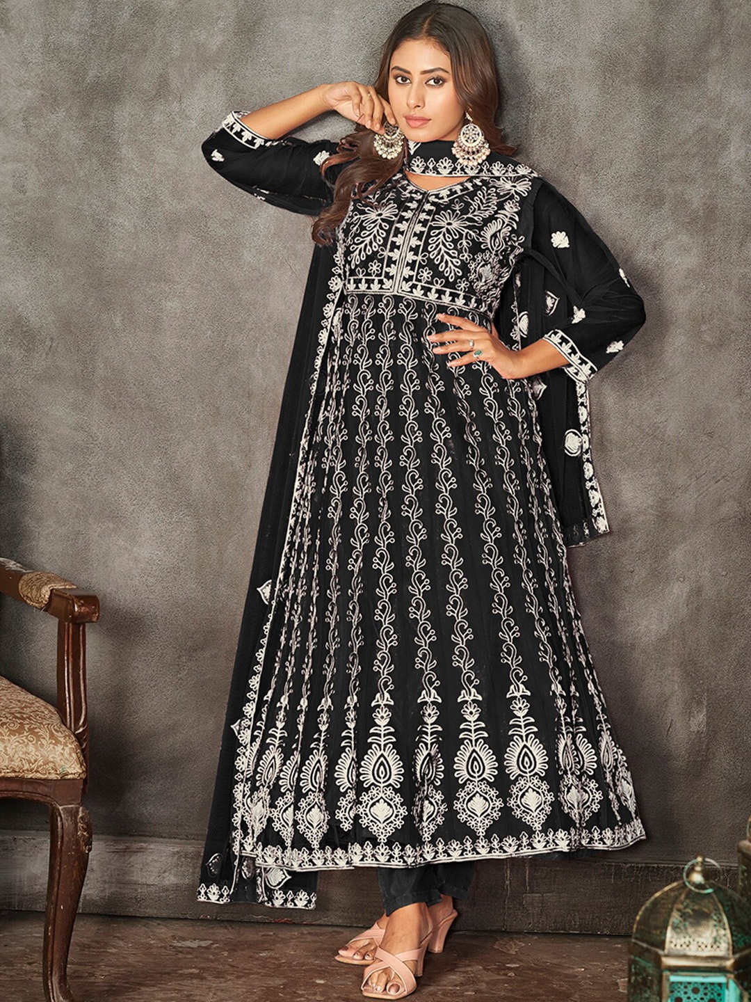 

Warthy Ent Embroidered Semi-Stitched Dress Material, Black