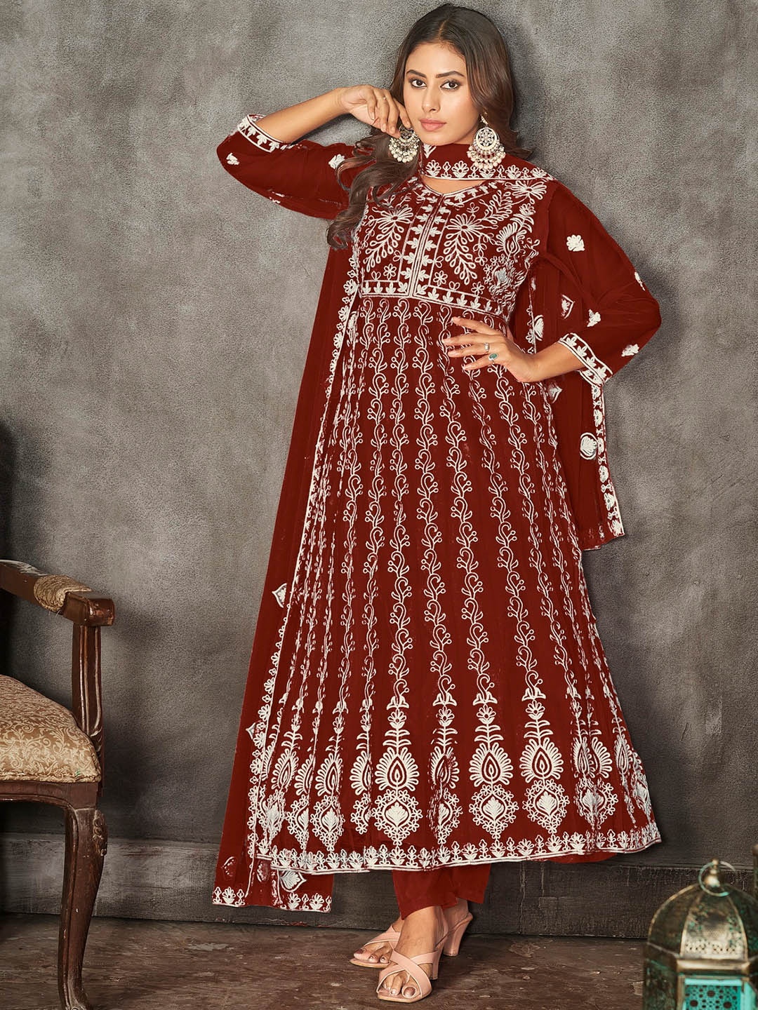 

Warthy Ent Embroidered Semi-Stitched Dress Material, Maroon