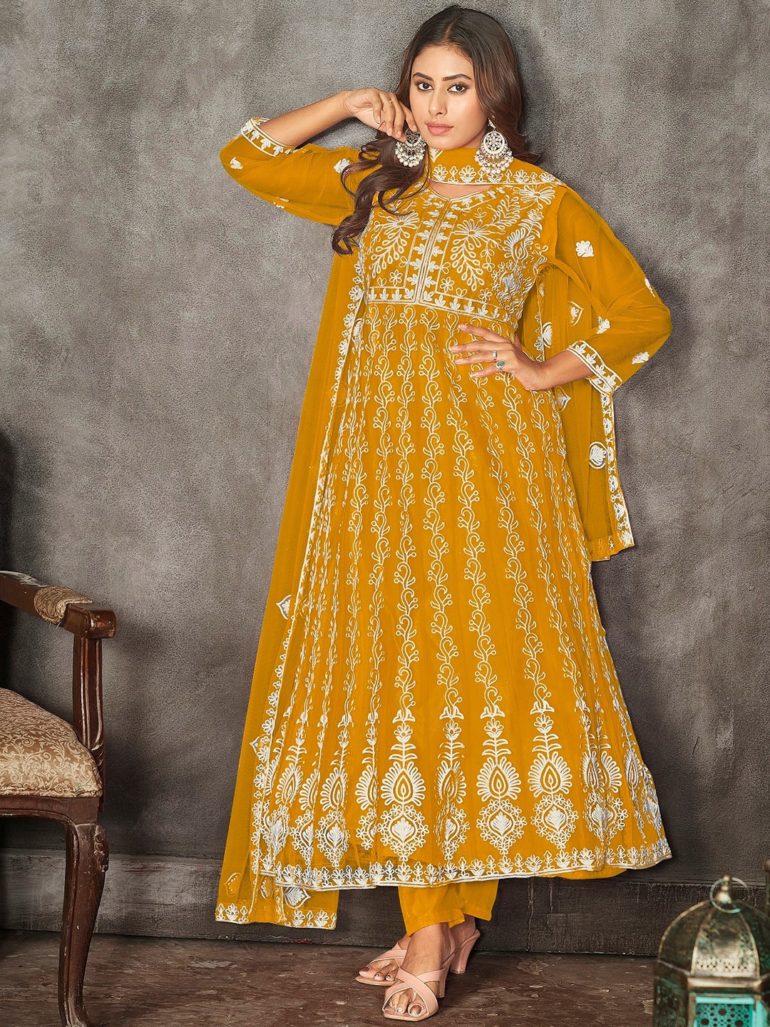 

Warthy Ent Embroidered Semi-Stitched Dress Material, Yellow
