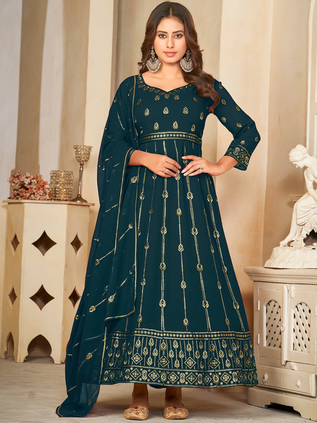 

Warthy Ent Embroidered Semi-Stitched Dress Material, Turquoise blue