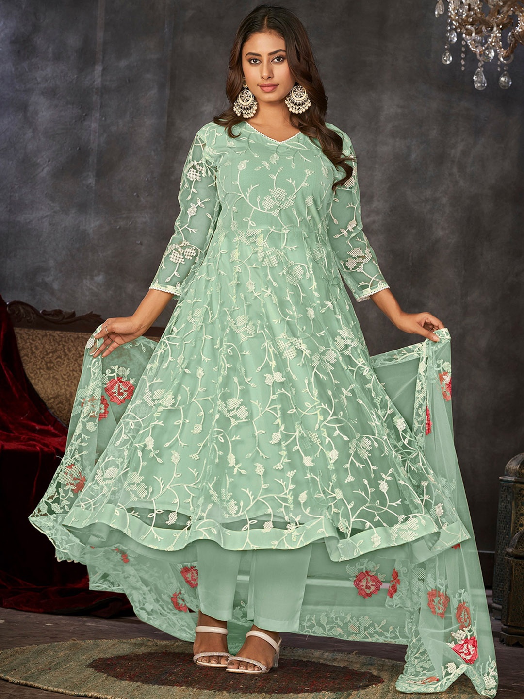 

Warthy Ent Embroidered Unstitched Kurta With Trouser & Dupatta Dress Material, Green