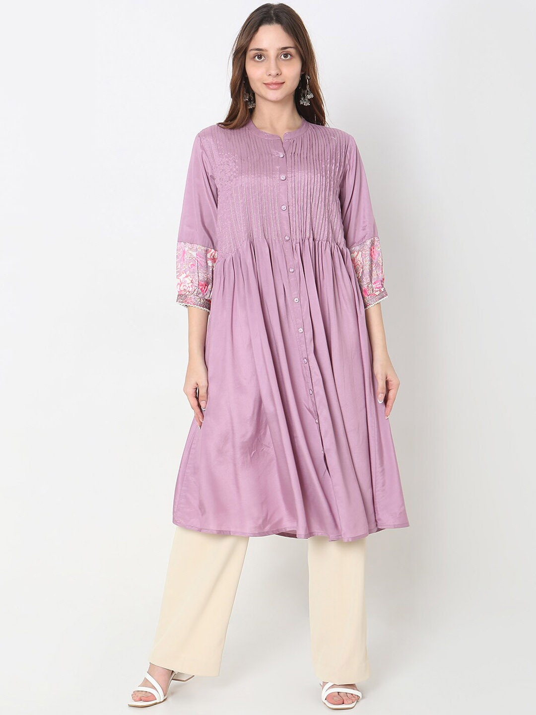 

Ethnicity Thread Work Mandarin Collar Anarkali Kurta, Purple