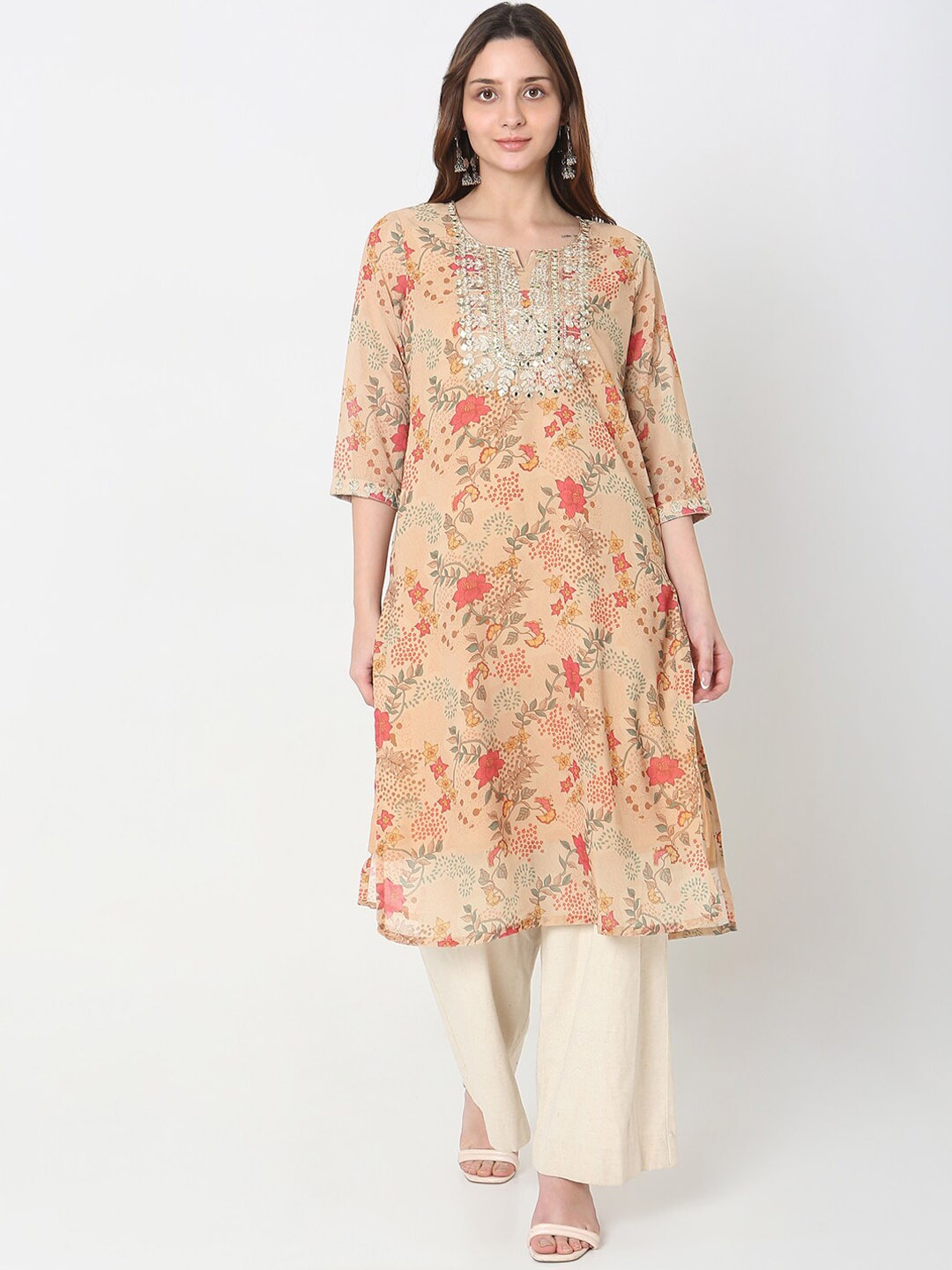 

Ethnicity Floral Printed Round Neck Mirror Work A-Line Kurta, Beige