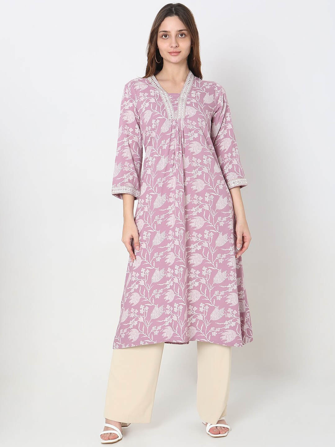 

Ethnicity Floral Printed A-Line Kurta, Purple