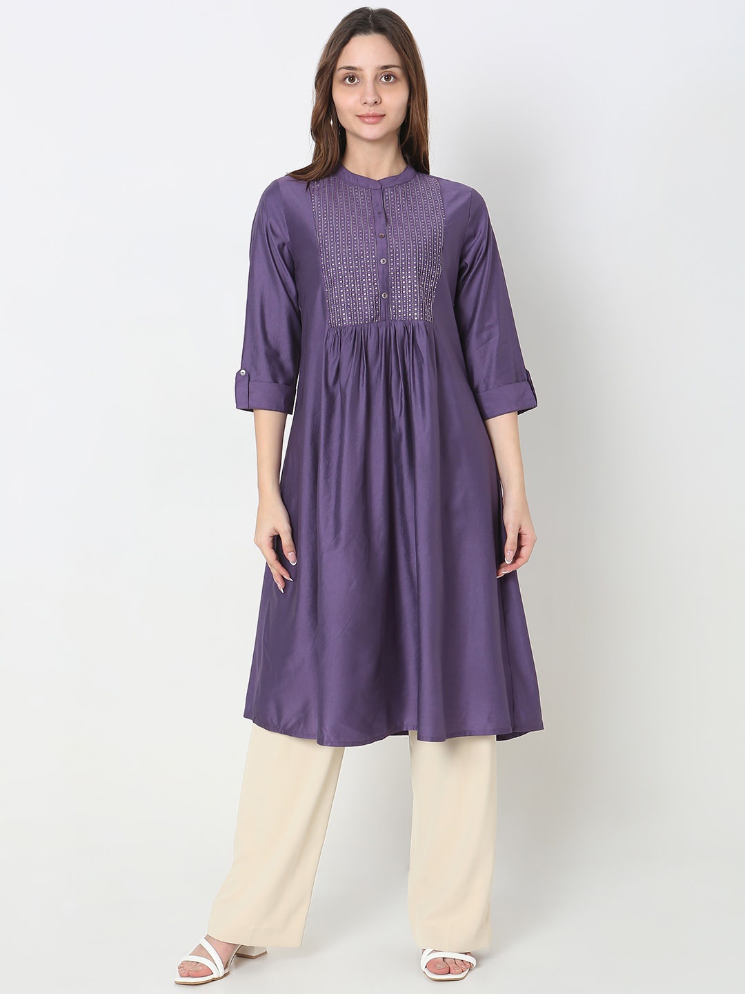 

Ethnicity Striped Mandarin Collar Roll-Up Sleeves Sequined Pleated A-Line Kurta, Purple