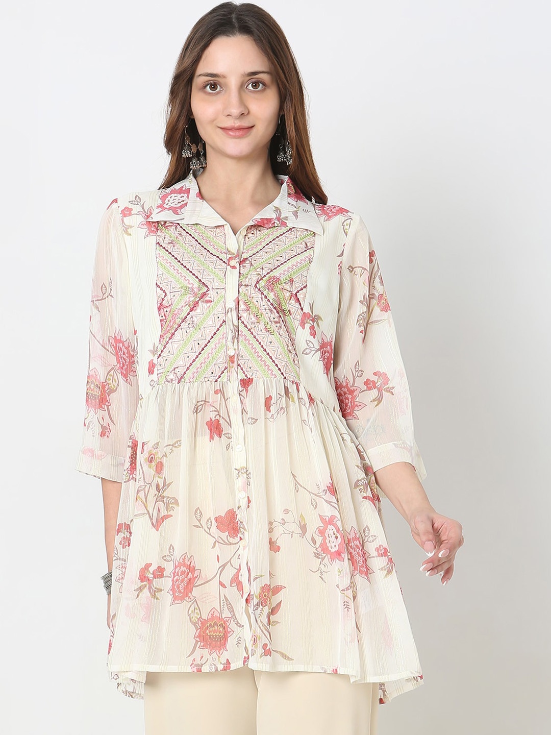 Ethnicity Floral Printed Thread Work Empire A-Line Kurta, White