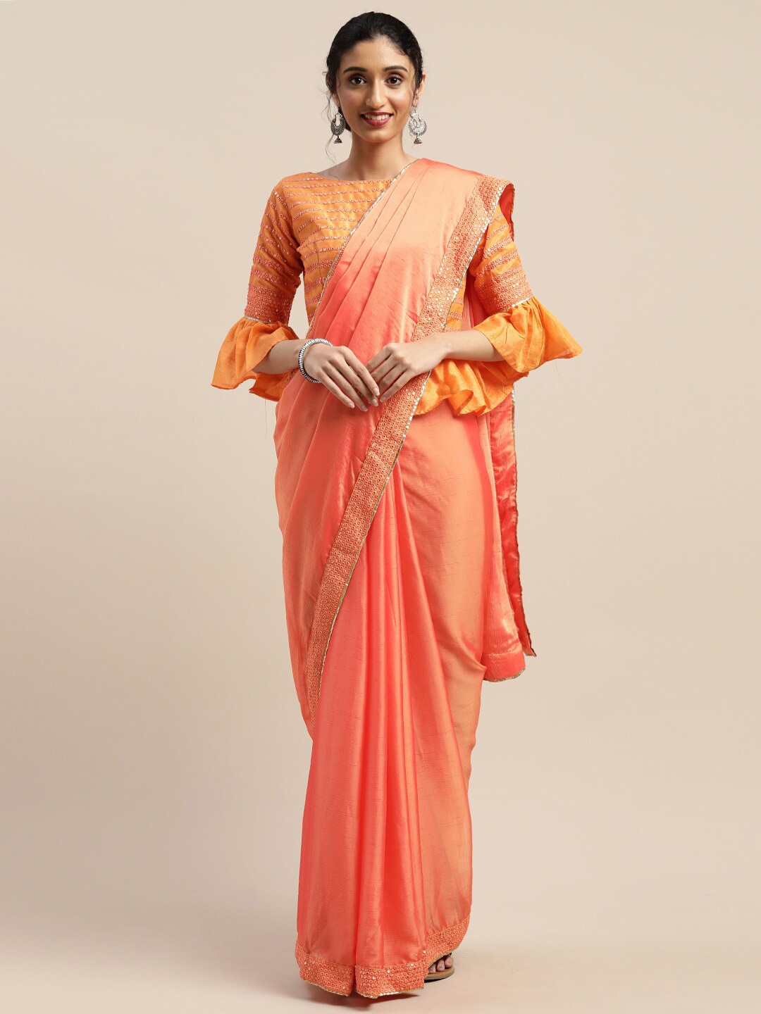 

Mitera Mirror Work Gotta Patti Saree, Peach