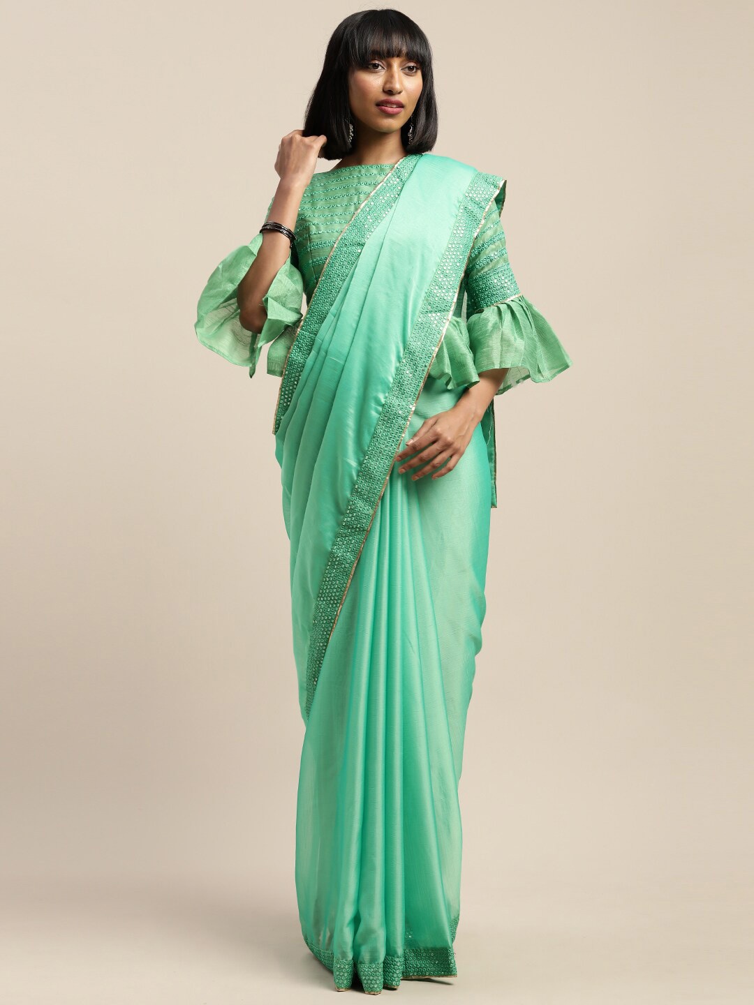 

Mitera Mirror Work Embroidered Saree, Green