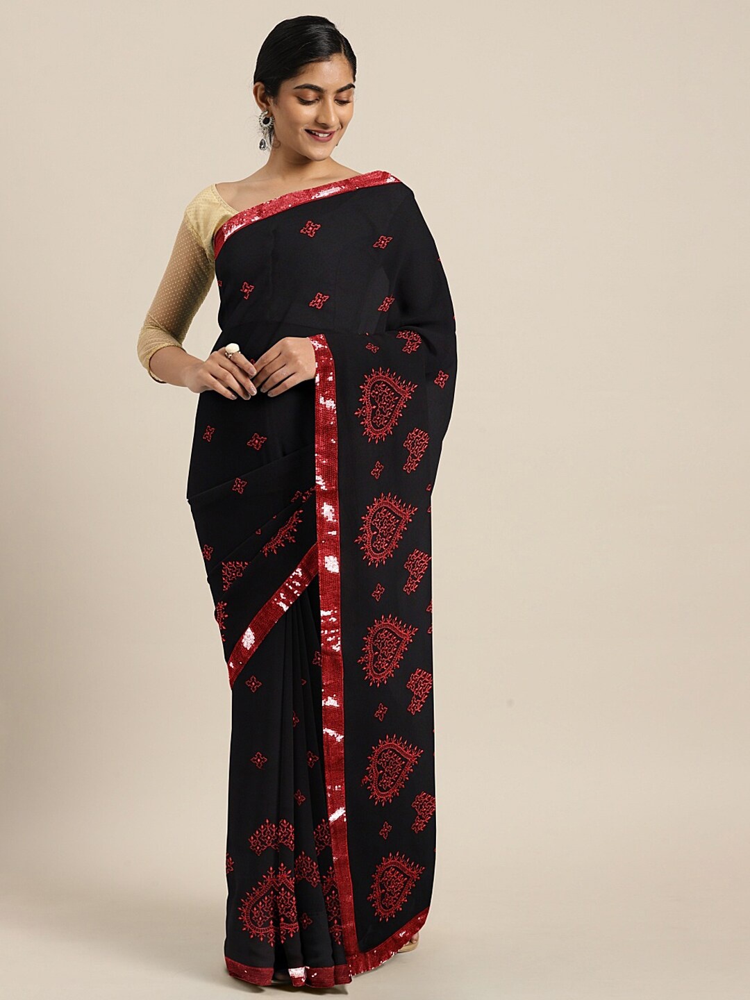 

Mitera Ethnic Motifs Embroidered Sequinned Pure Georgette Saree, Black