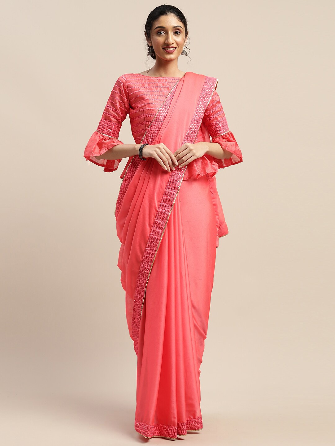 

Mitera Striped Embellished Mirror Work Saree, Pink