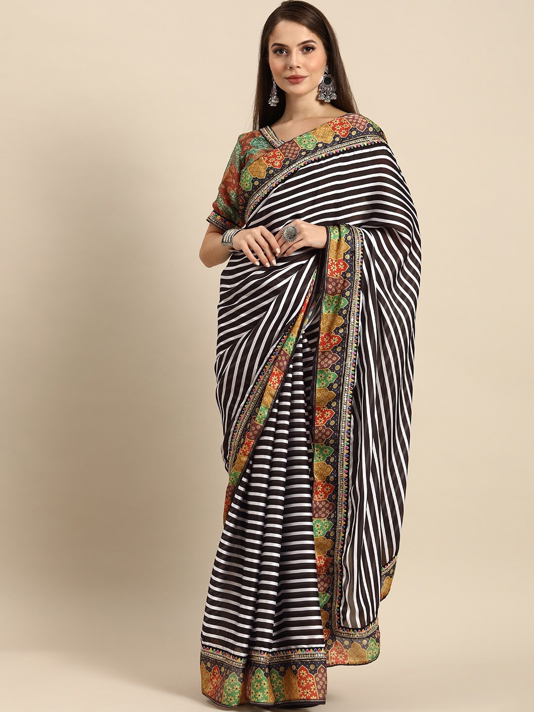 

Mitera Striped Ethnic Motifs Designer Saree, Black